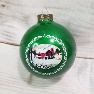 Ornaments Unlimited Red Barn Winter Scene Christmas Ornament Green Ball 4"